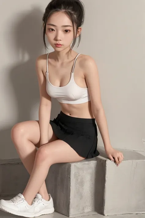 Cute 18-year-old girl, god, Short Girl, A slim body, Small boobs, Small breast, Small booty show, ultra mini skirt, detailed face, beautiful eyes, long eyelashes, cute expression, Minimalist interior, dark-toned interior,  photorealistic, 4K, high quality,...