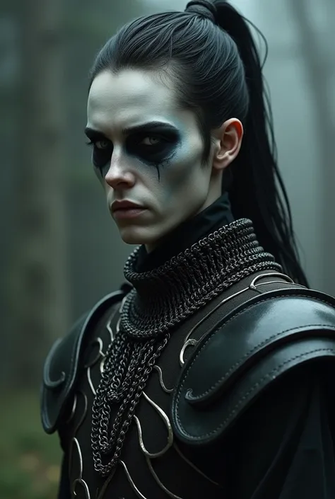 An androgynous male warrior, long dark hair tied with pale skin, expressionless face, and eyes (iris and sclera) black, wearing chainmail armor