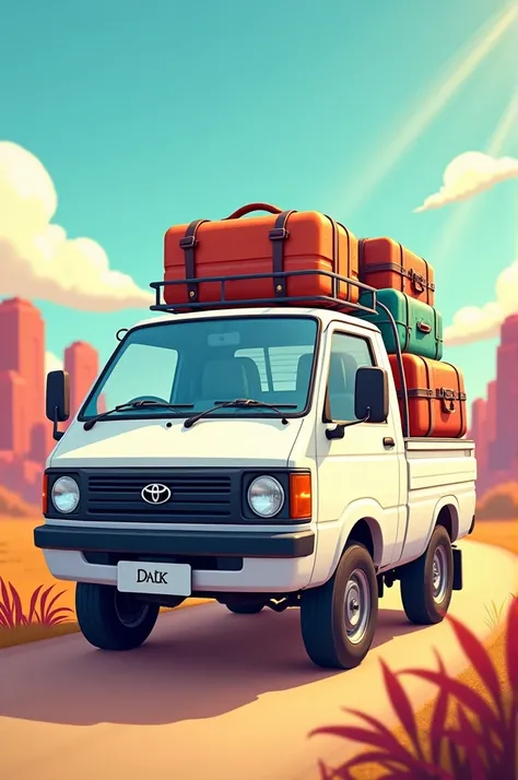 Cartoon of a white Toyota double-cab pickup truck with suitcases