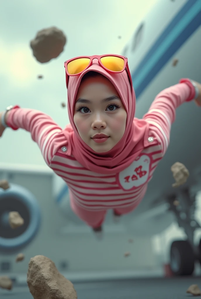 Malaysia women a realistic masterpiece. Human .wear pint watch.. 1girl wearing a hijab, detailed beautiful face, Hijab Muslim. Wear long sleeve moder design pink white pink stripe white. anger face, minimalist flower on shirt. Enger face. Open mouth. Glowi...