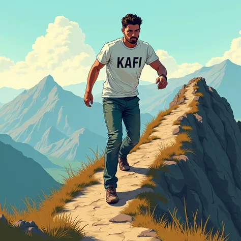 Make a image about success . Here Kafi is written on the mans t shirt. He is climb on a hill