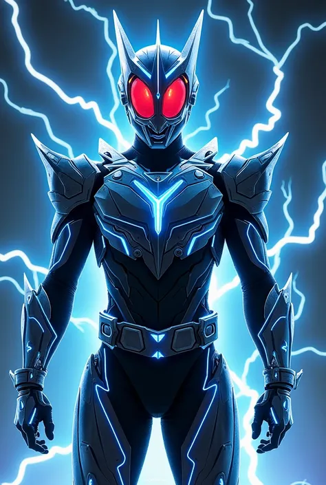 Design a modern, streamlined Kamen Rider suit inspired by electrical energy and lightning. Armor is stylized, emphasizing sharp lines and glowing details. Primary colors: black, silver, electric blue