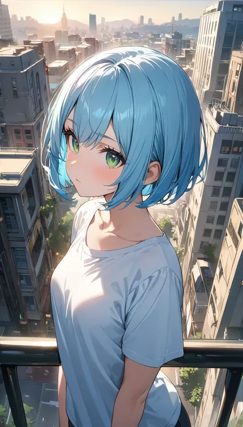 Highest quality、Light blue hair、Short Bob、Deep green eyes,2,,small breast,City