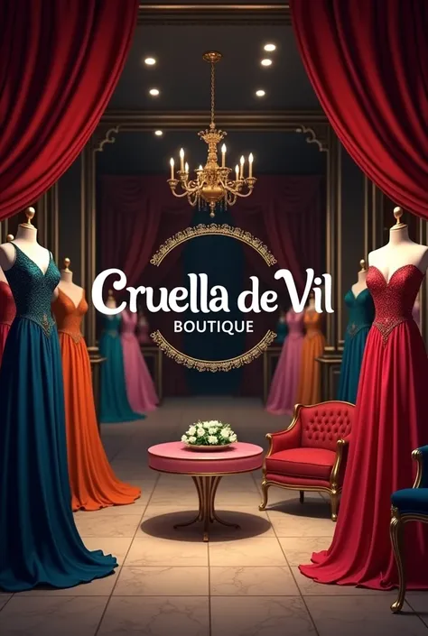 Logo for a boutique, With the name "Cruella de Vil Boutique" in the center and in a boutique full of dresses 