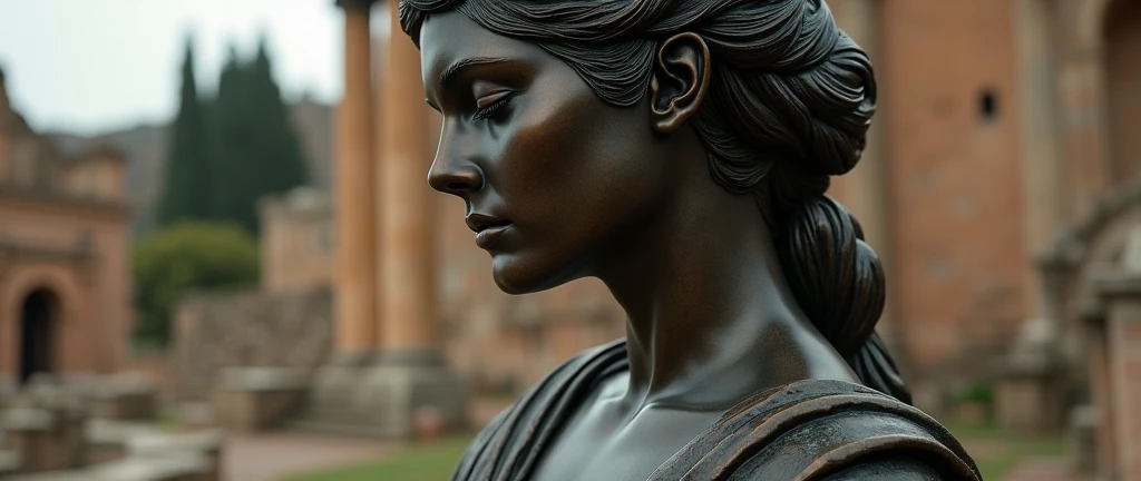 the close-up face and shoulder of a muse with her eyes closed, roman robes, ruins in the background, very dark metallic texture background, hyperrealistic bronze sculpture