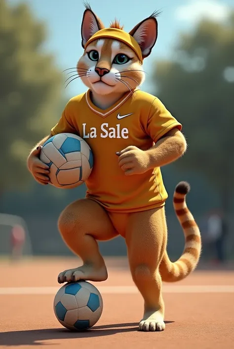 Andean puma of Peru , standing on two legs, with a light lead-colored athletics shirt, stepping on a soccer ball and holding a volleyball in the other front paw, on the head that has a lead sports headband, on the shirt on the chest that has the word La Sa...