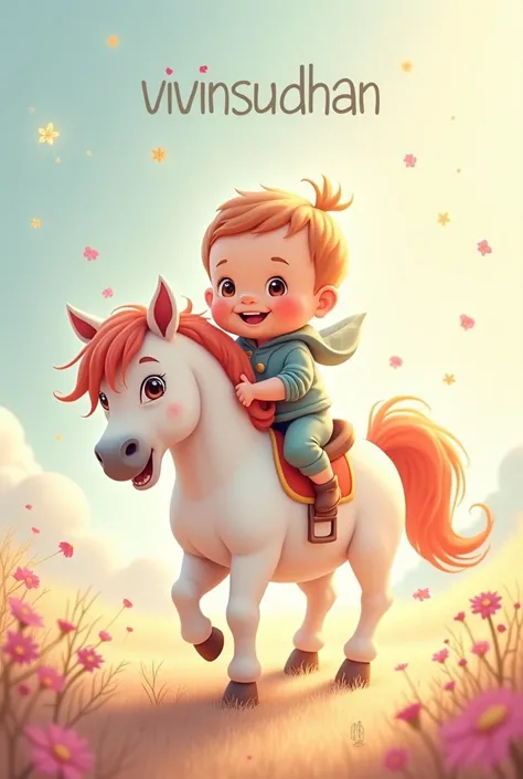 Create an illustration of a cute baby riding a beautiful horse, with the name "Vivinsudhan" elegantly placed above them. The scene should be bright and whimsical, with soft, cheerful colors and a touch of magical charm for WhatsApp profile picture 