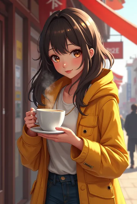 a woman in a yellow jacket holding a cup of coffee, extremely detailed artgerm,  anime drinks energy drink, Senna do League of Legends, lovely Brigitte de Overwatch, Brigitte de Overwatch, ruan jia and artgerm, trending artgerm, Faye Valentim, like artgerm...