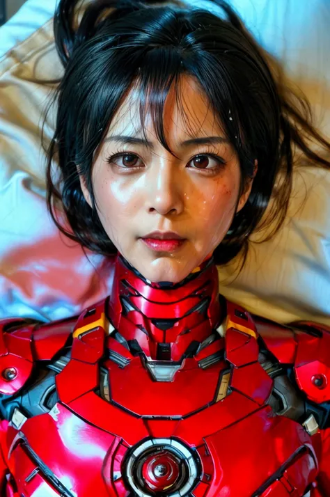 Highest quality　8k Red Iron Man Suit Girl　Japanese middle-aged woman　Sweaty face　Slanted Eyes　short hair　boyish　Steam coming out of my head　My hair is wet with sweat　The feel of black hair　Full body portrait　My upper body is soaked　 Airtight headgear　I can...