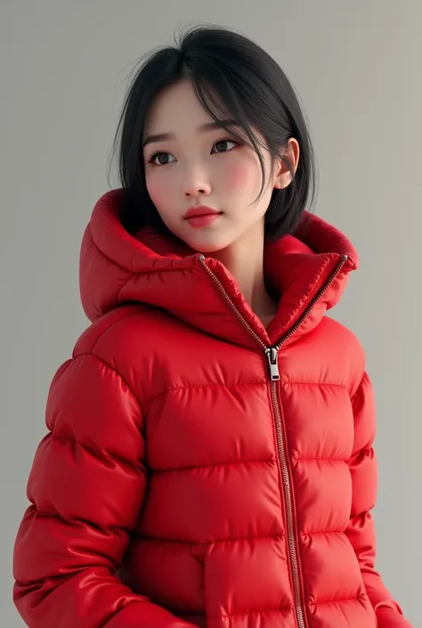 An asian woman around  wearing an red down jacket with hoodie 3d render