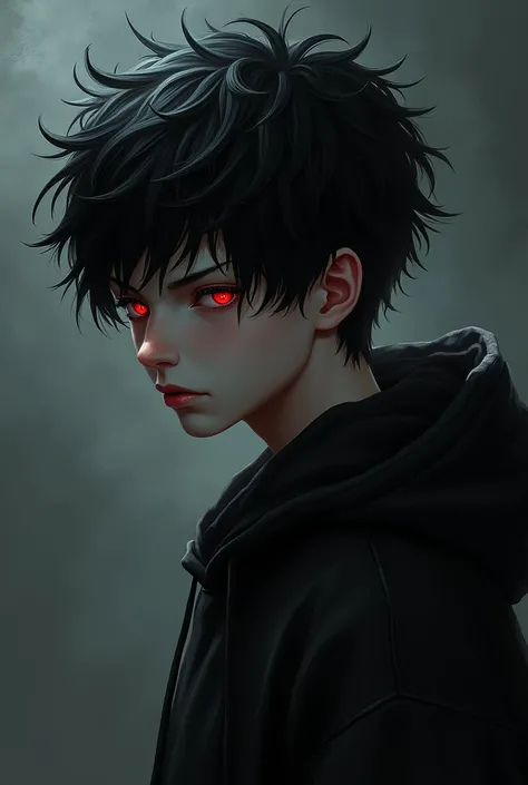 boy , Spiky hair , black hair , black hoodie , blood red eyes , narrowed eye , side view
 