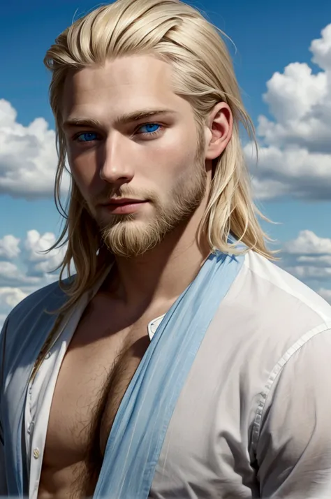 hot European man with blonde hair and beard, blue eyes, Nordic