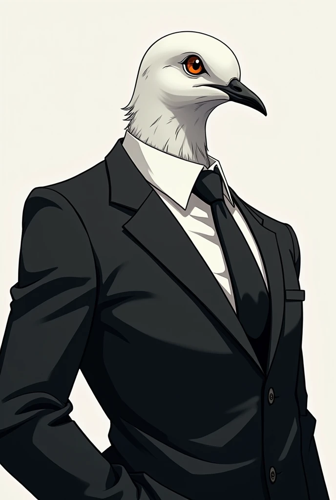 create a black suit anime style pigeon from the torso up