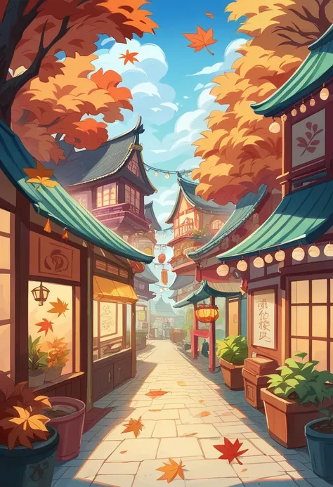 Village Street, Potted plants, flower,Oriental design, autumn ,Harvest Festival,autumn Leaves Digital Painting, wind,Concept Art, illustration, complex, Lamppost lights, Happy, Autumn day, flower, plant ((Tilset))