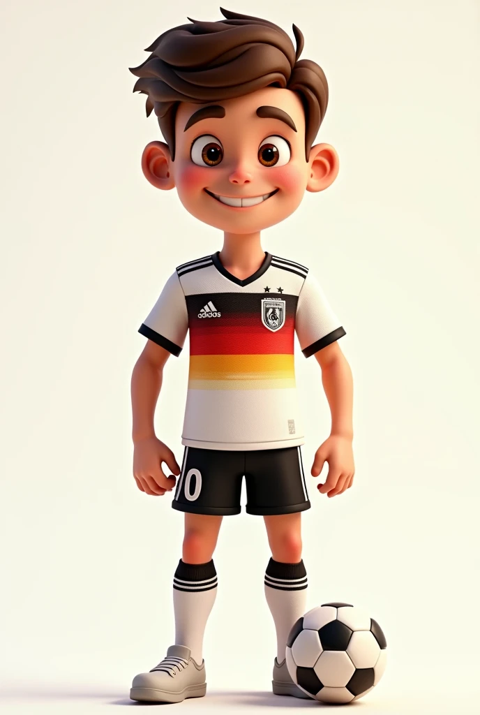 Generates an animated cartoon teenager with a soccer ball wearing the Germany national team uniform with the Germany flag with the number 0 on the shirt without a background, only the person