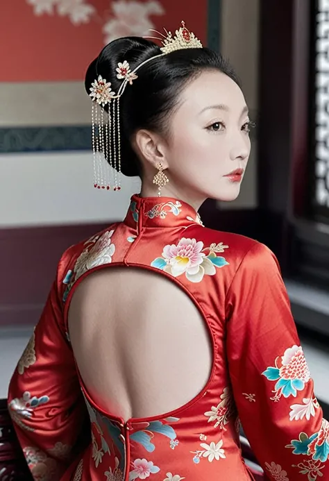 The empress dowager of the Qing Dynasty wears a red floral dress, Completely naked, Her profile is displayed、The butt is sticking out, Posing in the opulent palace of the Qing Dynasty Empress Dowager.