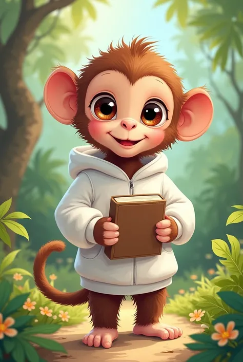 little monkey with a white sweatshirt with a notebook
