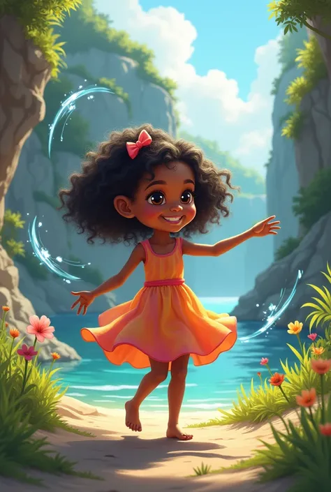 brunette child, dark skinned 4 year old in dress, blue swirls smiling and dancing in a quarry with sun and plants 