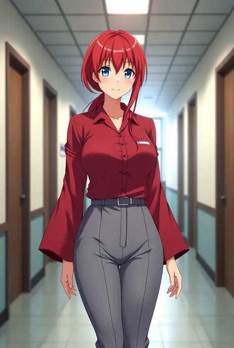 Anime Japanese woman, working woman, uniform, red hair, long hair, low ponytail, blue eyes, kimono-like scarlet shirt with large sleeves, oversized light grey slacks, beautiful E-cup breasts, nice buttocks, office corridor, penis