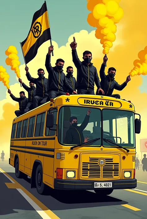 Image cartoons, groupe de supporters homme de style ultras hooligans, dressed in a black and yellow jacket, dans un bus jaune inscrit sur le bus « ROUEN ON TOUR », The supporters are on the roof with yellow and black smoke bombs in their hands and yellow a...