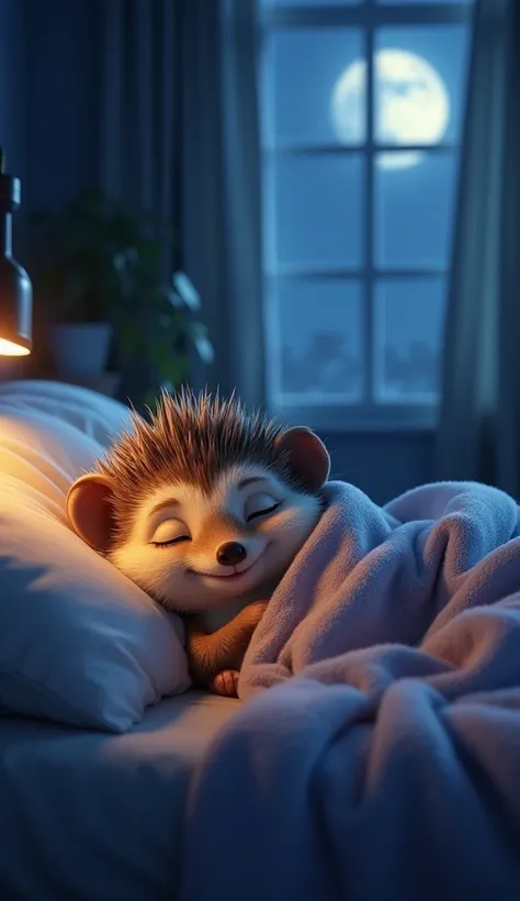 night、Harry the hedgehog sleeps peacefully in his soft bed。The soft moonlight shines in through the window、The room is enveloped in serene silence.。Harry&#39;s  was wrapped in a blanket.、With a smile of relief、Sleeping soundly。

Harry&#39;s dream was a nor...