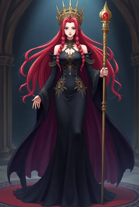 Irene belserion fairy tail, elderly age but still youthful looks , more hot, calming, scarlett hair with long and wavy Braided , wearing Sexy form-fitting, ornate dress with intricate patterns, as black dark purple, ORNATE HEADDRESS , long staff or scepter...