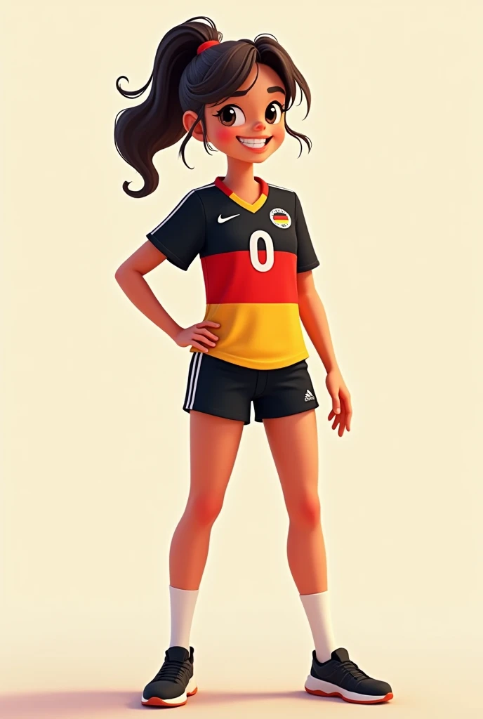 Generates an animated cartoon teenager with a volleyball wearing the Germany national team uniform with the Germany flag with the number 0 on the shirt without a background, only the person