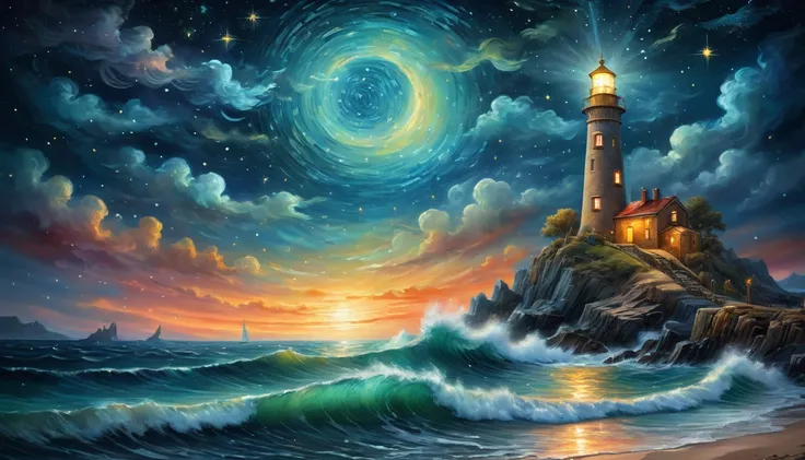 a nocturnal seascape with a lighthouse illuminating a starry sky where constellations come to life as mythical animals, (magical...