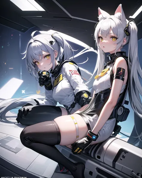 masterpiece, best quality, 1girl, spacecraft interior, spacesuit, upper body, from side, science fiction, yellow eyes, twintails, silver hair, cat ears, looking at viewer,