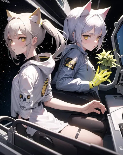 masterpiece, best quality, 1girl, spacecraft interior, spacesuit, upper body, from side, science fiction, yellow eyes, twintails, silver hair, cat ears, looking at viewer,