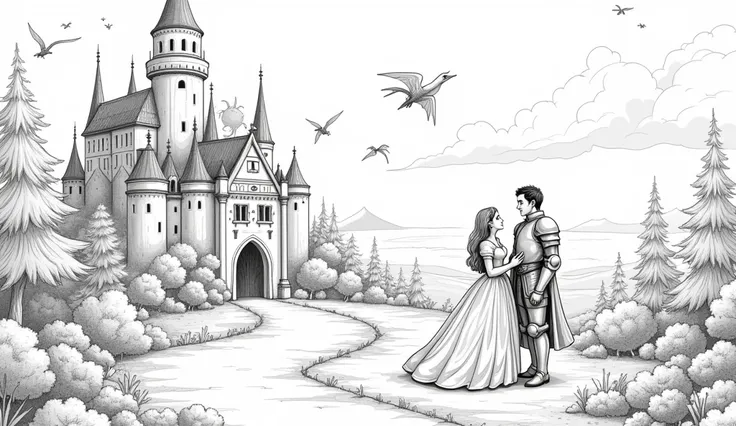 Classic fairy tale scenes in line art, including castles, princesses, dragons, fairies, and knights. The illustrations should capture the magic and wonder of stories like Cinderella, Beauty and the Beast, and Jack and the Beanstalk