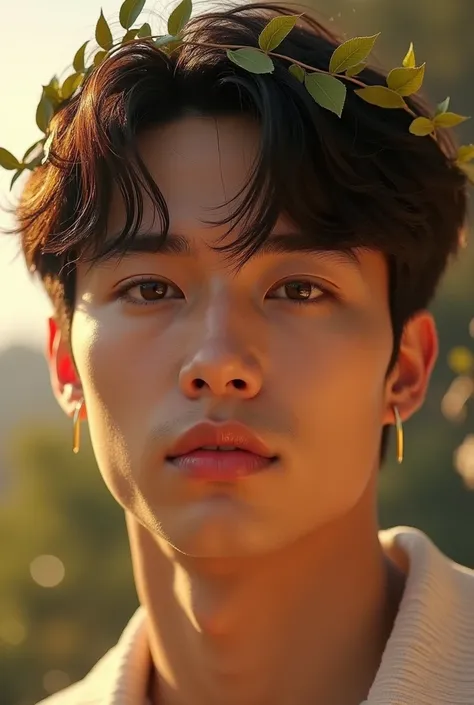 (photorealism:1.2), jimin too bts, Attractive man, with the sunlight reflecting on his face with a laurel wreath on his head 