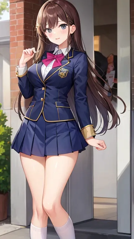  high school girl,  Wear a uniform, I&#39;m peeing, To pee, Urine stains, Pee flow, Dirty Skirt, Pee puddle, blush, Open your mouth, Angry expression, Mad, rage, Outdoor, Peeing near the back door of the school, 不用意にTo pee