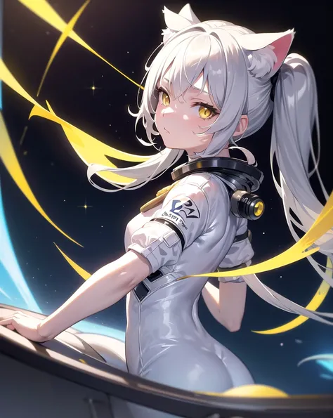 masterpiece, best quality, 1girl, spacecraft interior, spacesuit, upper body, from side, science fiction, yellow eyes, twintails, silver hair, cat ears, looking at viewer,