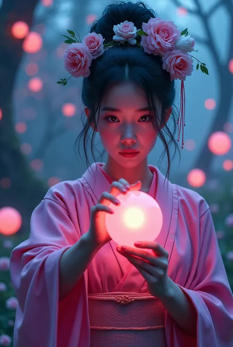 One 20-year-old girl, Japanese witch in kimono、Neon light in hand, An otherworldly theme that combines dark and fantastical fantasy, A bright core with many magical spheres, Fantastic realism, Highest quality, Highest quality, 8k, Absurd resolution, High q...