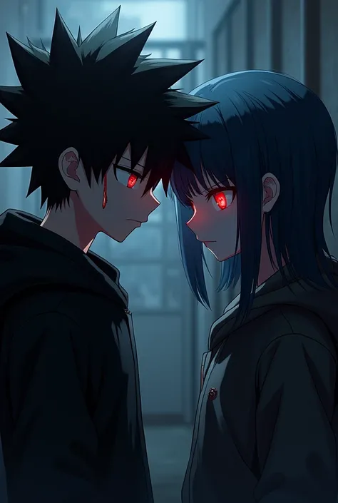 A boy ((( Anime boy , Spiky hair , black hair , black hoodie , blood red eyes , narrowed eye , bleeding from head ))) , A girl ((( Anime girl , dark blue hair , modern day mullet hair style , black hoodie , red eyes , almond eye ))) 