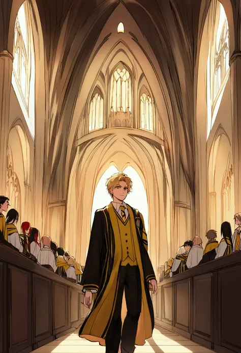 Cedric Diggory de 14 años con uniforme de Hogwarts de la casa de Hufflepuff, en los pasillos de Hogwarts