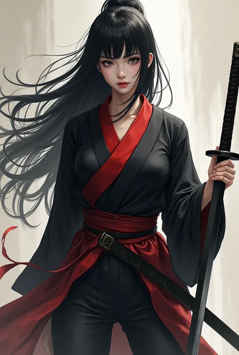 female ninja a Japanese ,armer , long here ,white skine, japanes cloth, black and red color cloth, short cloth,full body, holdding katana sword