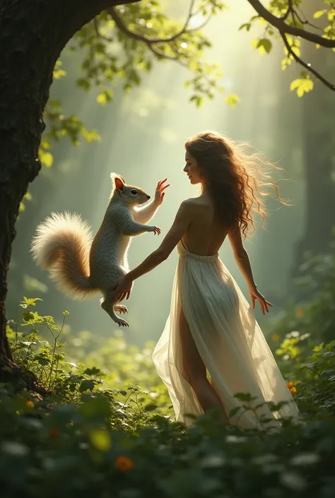 Nude Beautiful Woman try to catch white squirrel 