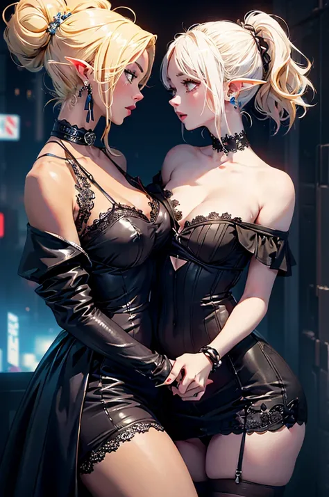 (masterpiece, best quality, 8k, sharp focus, depth of field, best shadows, perfect lights, HDR, realistic skin texture, ultra-detailed background, detailed), anime style, 2 women kissing (one of them is a female elf, blue eyes, white skin, short red hair, ...