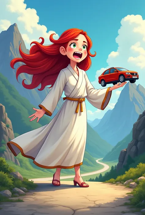 Cartoon Style,Background mountain road,Red long hair,White robe,girl,Exaggerated expression,Holding a car in one hand