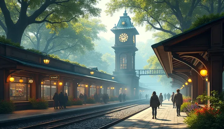 Bustling Station Platform Scene (Summer Morning): "Generate a realistic and stunning station platform landscape, with a blend of architecture and nature. Solarpunk, steampunk, morning light, fog, starry sky, charming clouds, beautiful royal garden plants, ...