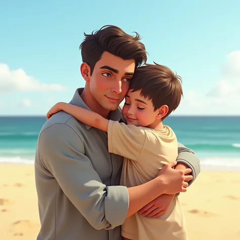 makes image of a white man, aged 35, model type, with short dark hair, with clear eyes, wearing a shirt buttoned up to the neck, hugging his brother who is 4 and is hugging them on a beach in the Algarve
