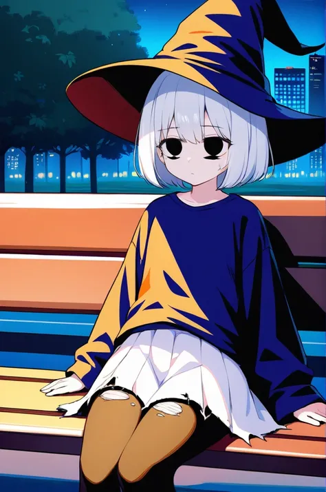 1girl, solo, cute, white short hair, wizard hat, close-up, shaded face, (ragged clothes:2.0), oversized shirt, (skirt:1.2), pantyhose, text, holding sign board with "GIVE ME MONEY", shorts, black thighhighs, expressionless, relaxing, sitting on bench, empt...