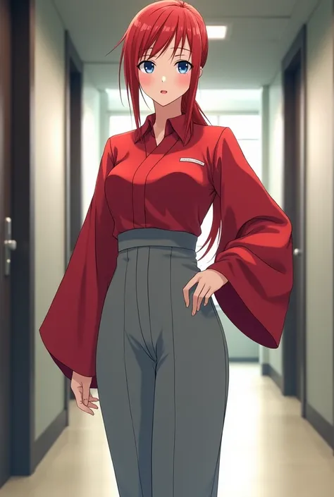 Anime Japanese woman, working woman, uniform, red hair, long hair, low ponytail, blue eyes, kimono-like scarlet shirt with large sleeves, oversized light grey slacks, beautiful F-cup breasts, nice butt, office hallway 