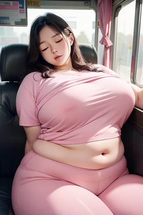 1 beautiful woman, big body, pink crop, tight pink pants, asleep on the bus, eyes closed, 팬티에 도끼자국