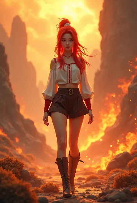 20 years old, long red hair, wearanime girl s a ponytail, red eyes, always smiling. She dresses in an antique style, wearing a short brown skirt with black shorts underneath, ending above the knees. She wears knee-high brown boots. Her white blouse is slee...