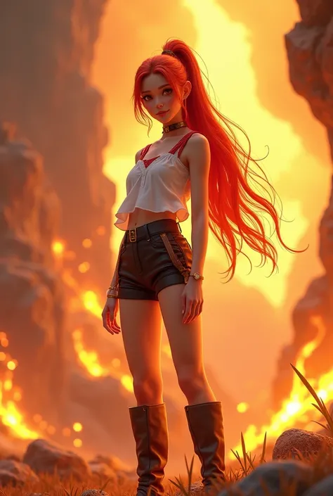 20 years old, long red hair, wearanime girl s a ponytail, red eyes, always smiling. She dresses in an antique style, wearing a short brown skirt with black shorts underneath, ending above the knees. She wears knee-high brown boots. Her white blouse is slee...