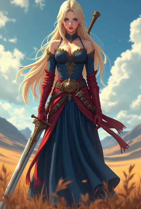 anime girl 20-year-old girl, long blonde hair, blue eyes, angry expression, long dark blue skirt with gold embroidery at the hem, old-fashioned blue blouse with long fitted sleeves, adorned with red details, red leather gloves that reach her elbows, dark b...