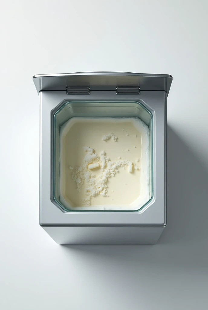 Png image of an ice cream maker with glass door seen from above that is empty 